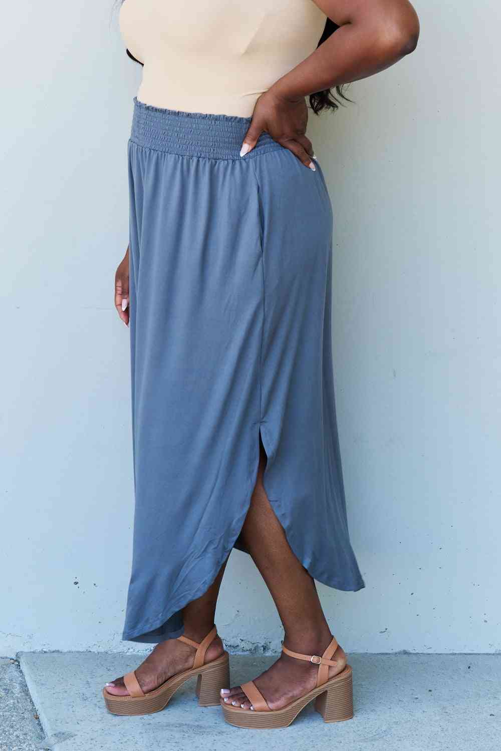 Lounge Easy care Comfort Princess Full Size High Waist Scoop Hem Maxi Skirt in Dusty Blue