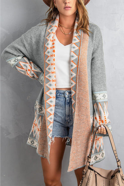 Geometric Indian Pattern Open Front Long Sleeve Cardigan