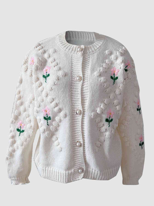 Pink an Green Knitted Floral Button Up Round Neck Long Sleeve Cardigan