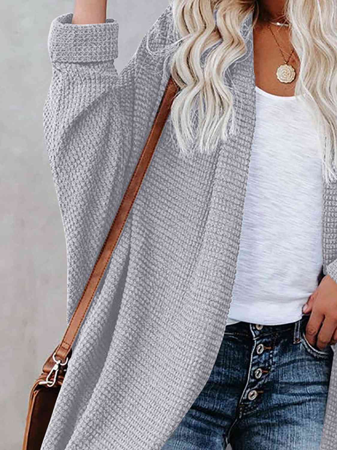 Cream Pink Box Open Front Long Sleeve Cardigan