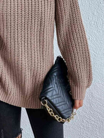 Full Size Turtleneck Rib-Knit Old Classic Forever Slit Sweater