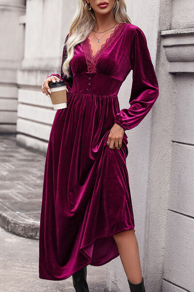 Tempting Cerise Color Velvet Lace Detail V-Neck Balloon Sleeve Midi Dress