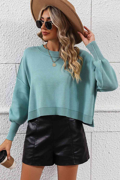 Round Neck Neon Urban CityDropped Shoulder Pullover Sweater