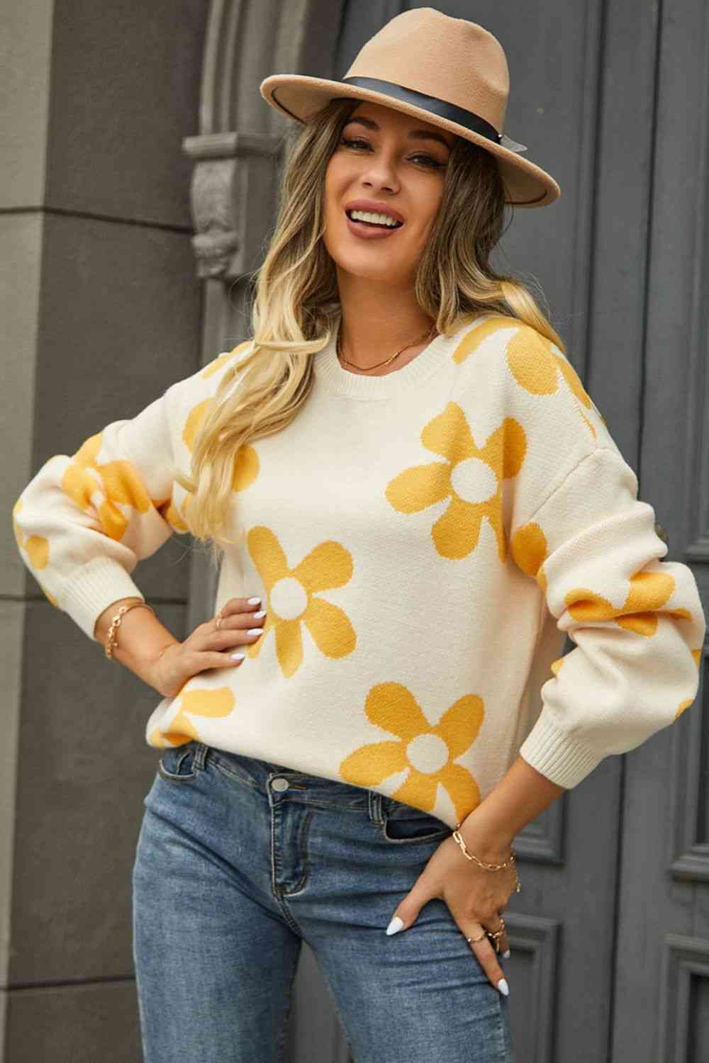 Daisy Miso Floral Print Round Neck Dropped Shoulder Pullover Sweater