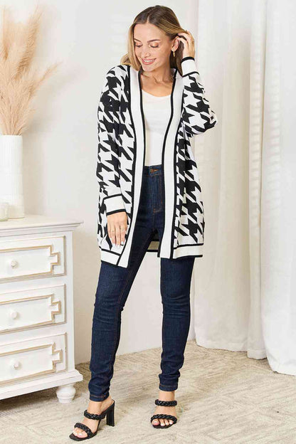 Black and White Woven Right Houndstooth Open Front Longline Cardigan