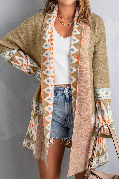 Geometric Indian Pattern Open Front Long Sleeve Cardigan