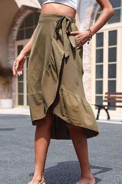 Volume Olive Color Elastic Waist Ruffled Midi Skirt with Pockets