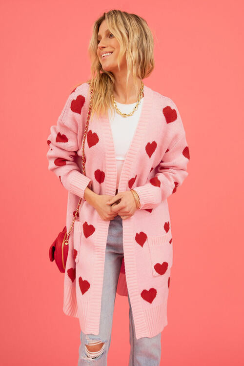 Heart Graphic Patterned Open Front Cardigan with Pockets