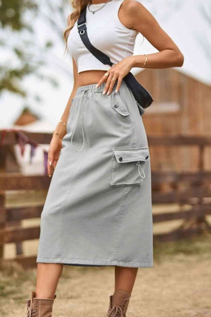 Tan/Green/ Black Pocket Drawstring Waist Slit Denim Skirt