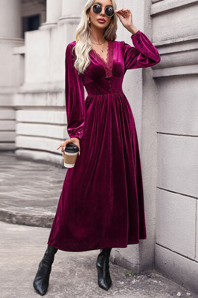 Tempting Cerise Color Velvet Lace Detail V-Neck Balloon Sleeve Midi Dress