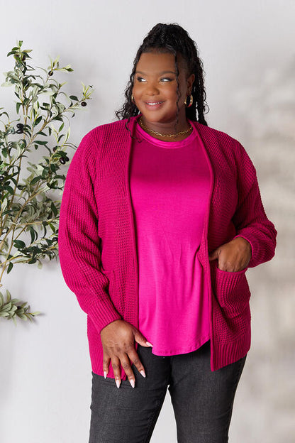 Red Pink Basic Full Size Waffle-Knit Open Front Cardigan