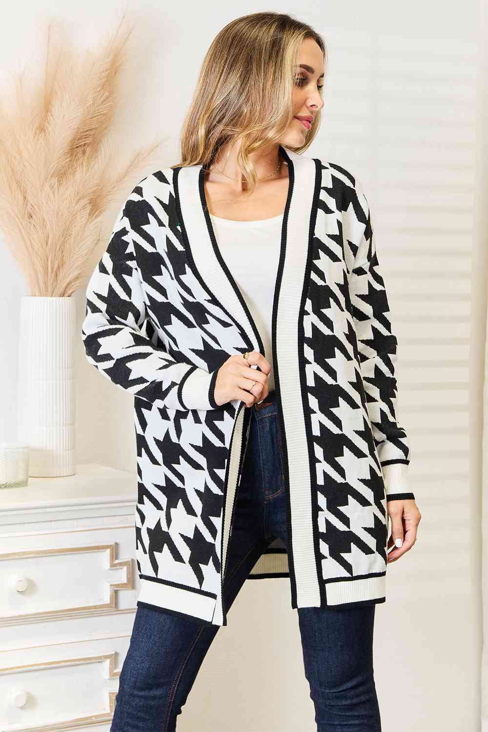 Black and White Woven Right Houndstooth Open Front Longline Cardigan