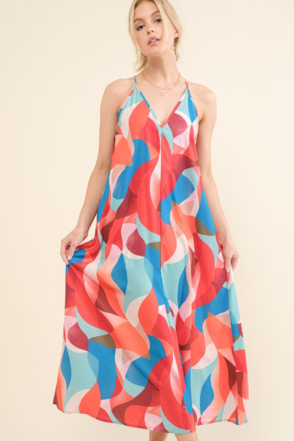 Red And Blue Printed Crisscross Back Cami Dress