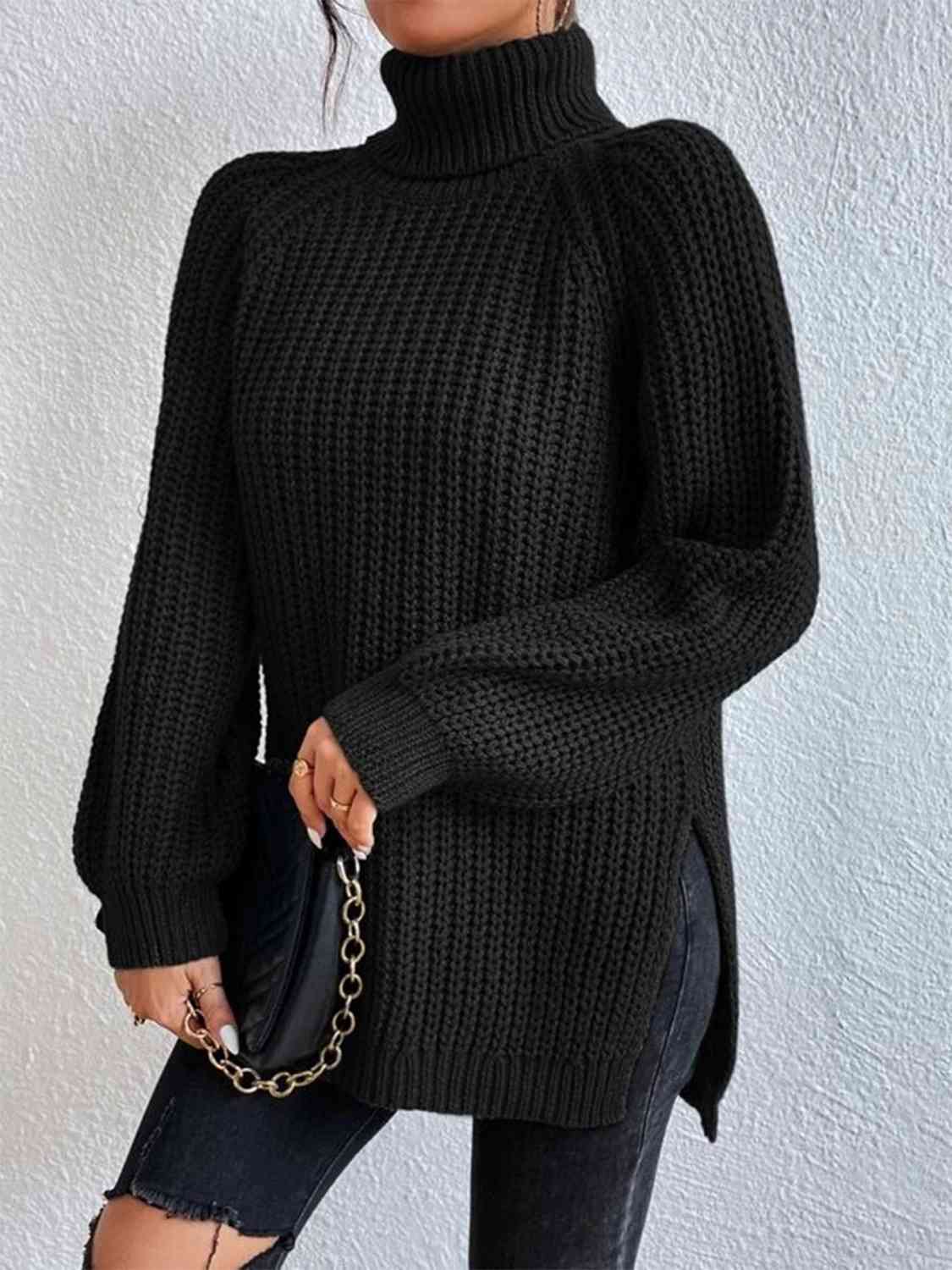 Full Size Turtleneck Rib-Knit Old Classic Forever Slit Sweater