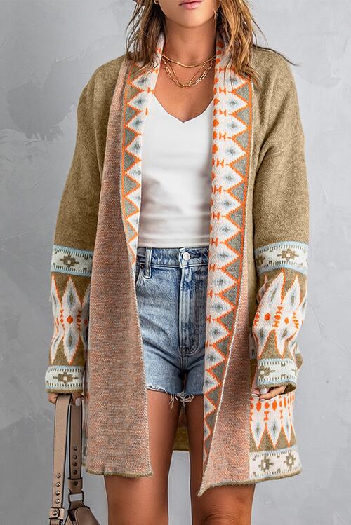 Geometric Indian Pattern Open Front Long Sleeve Cardigan