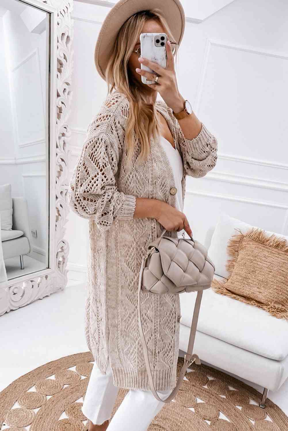 V-Neck Natural Chic Outfit Stone Long Sleeve Cardigan