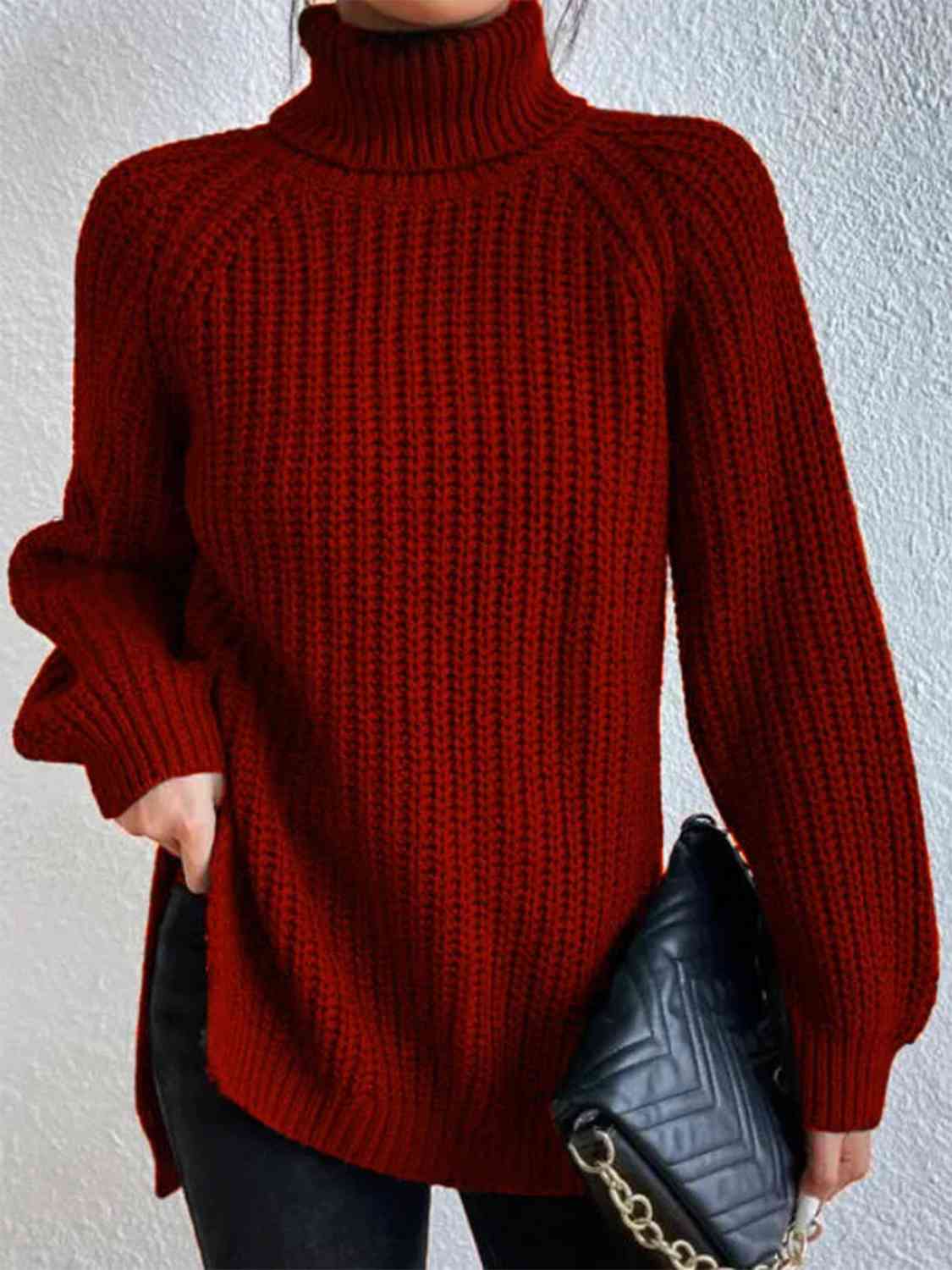 Full Size Turtleneck Rib-Knit Old Classic Forever Slit Sweater