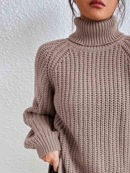 Full Size Turtleneck Rib-Knit Old Classic Forever Slit Sweater