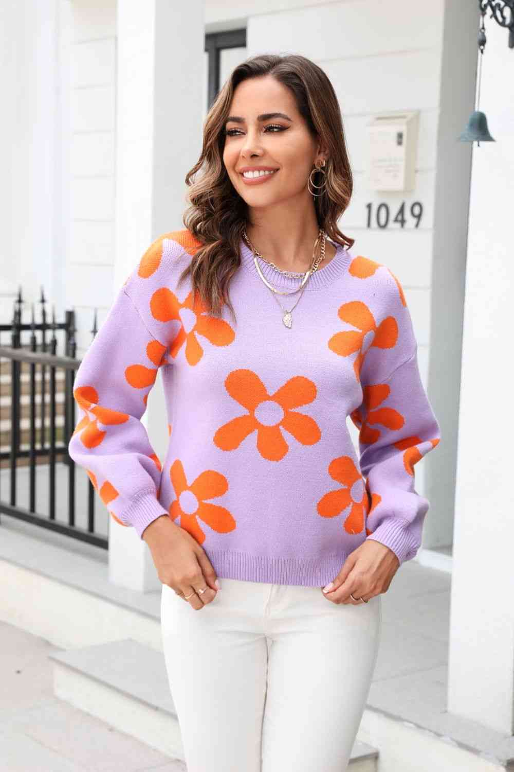 Daisy Miso Floral Print Round Neck Dropped Shoulder Pullover Sweater