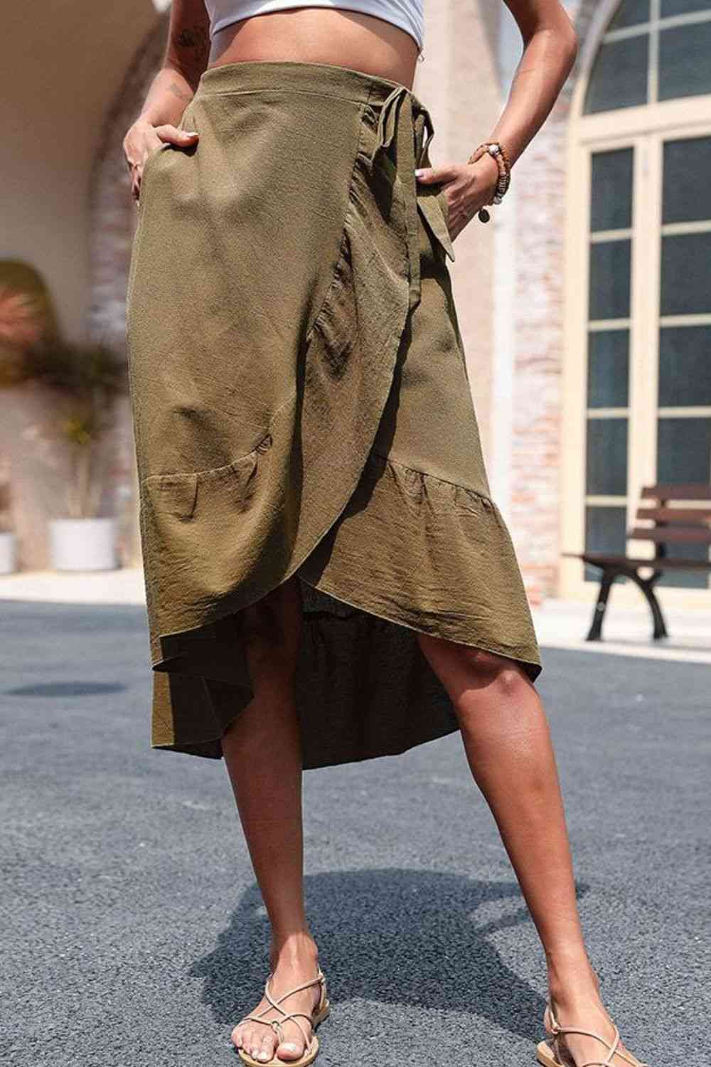 Volume Olive Color Elastic Waist Ruffled Midi Skirt with Pockets