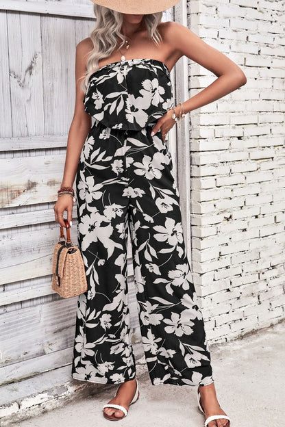 Wine Dark Red Floral Strapless Wide Leg Jumpsuit