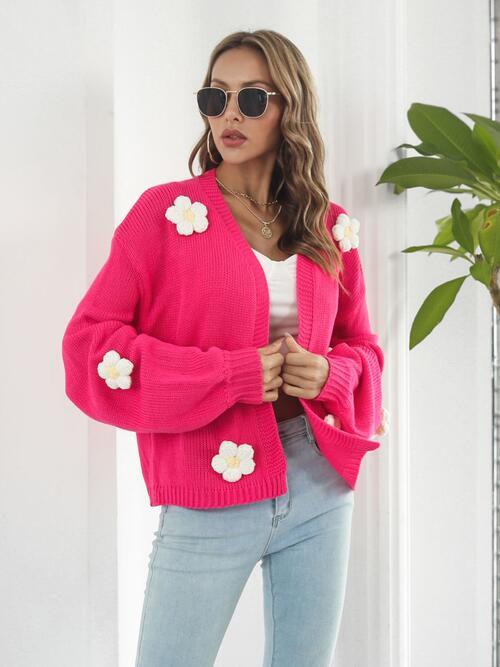 White Floral on Pink Open Front Long Sleeve Cardigan