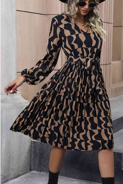 Brown Geometric Leopard shape Lace Trim Long Sleeve Tie Waist Dress