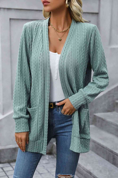 Tiny Basic Cable-Knit Long Sleeve Cardigan with Pocket