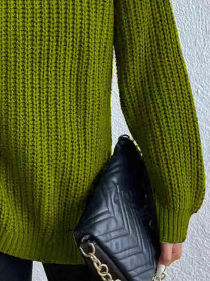 Full Size Turtleneck Rib-Knit Old Classic Forever Slit Sweater