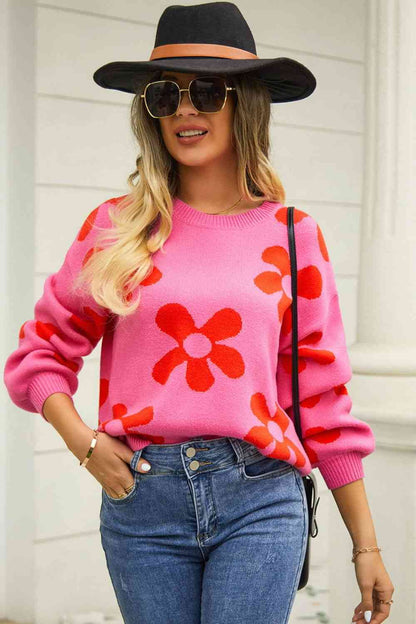 Daisy Miso Floral Print Round Neck Dropped Shoulder Pullover Sweater