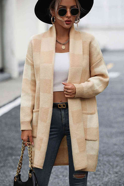 Big Plaid Dropped Shoulder Cardigan with Pocket