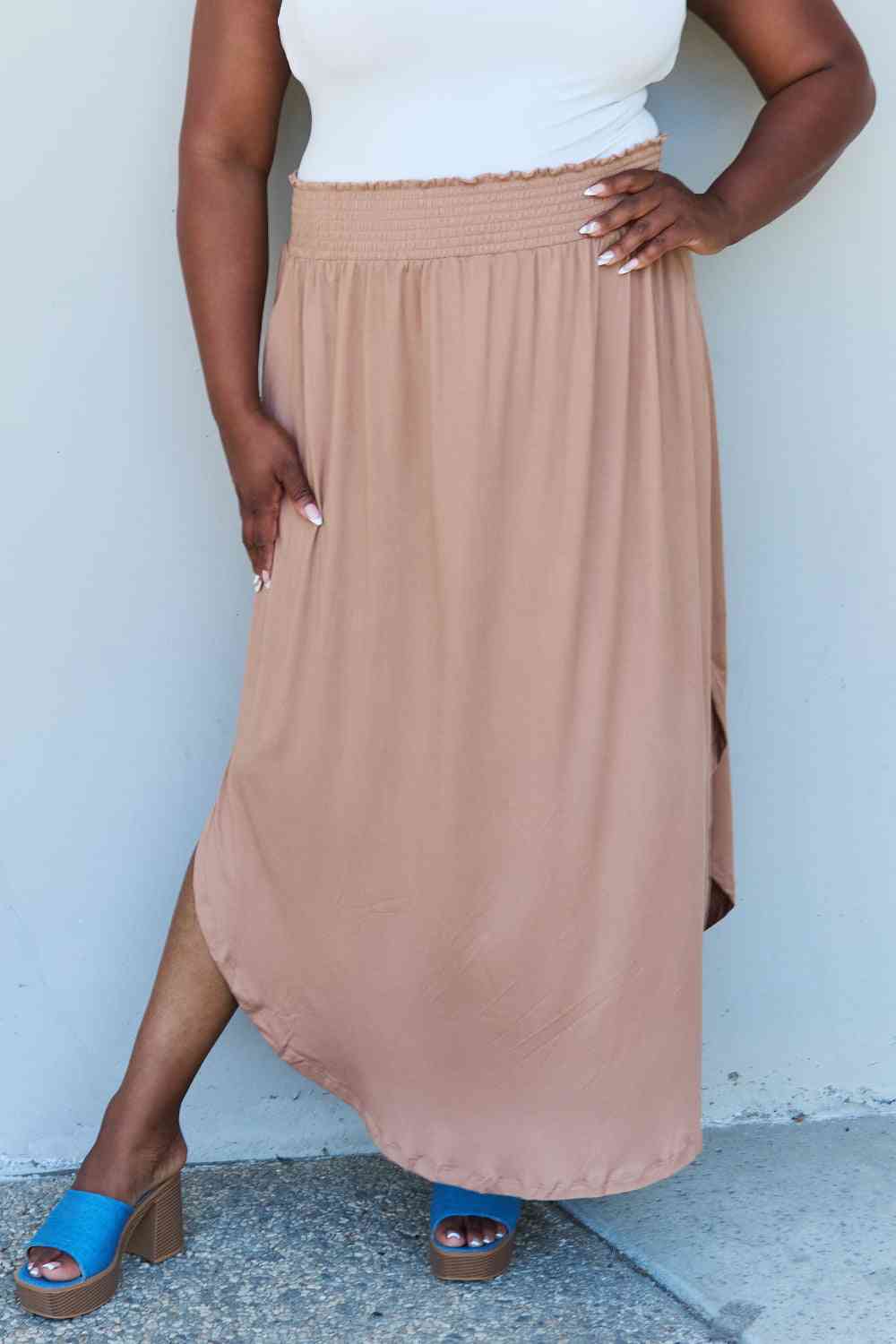 Comfort Easycare Princess Full Size High Waist Scoop Hem Maxi Skirt in Tan