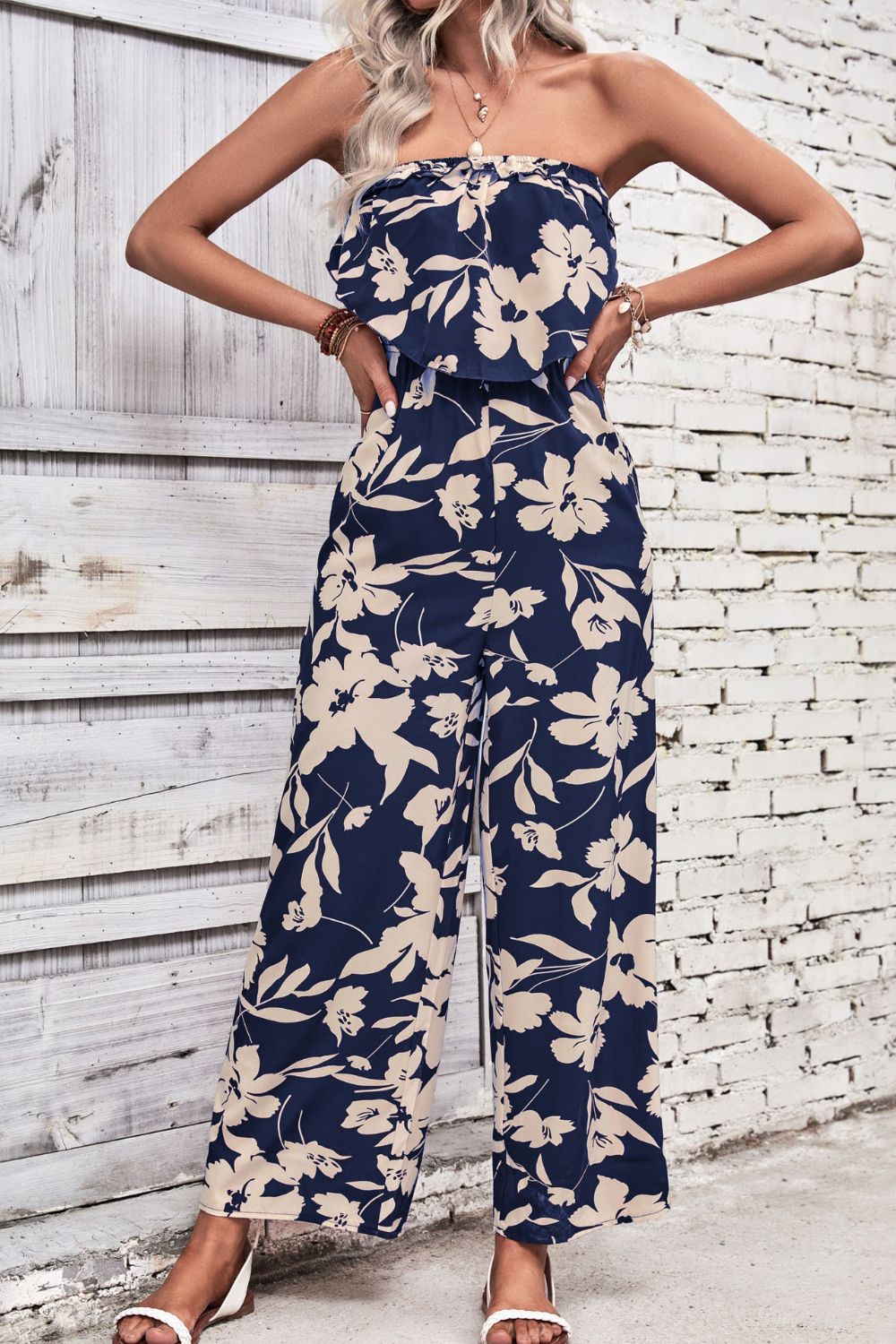 Wine Dark Red Floral Strapless Wide Leg Jumpsuit