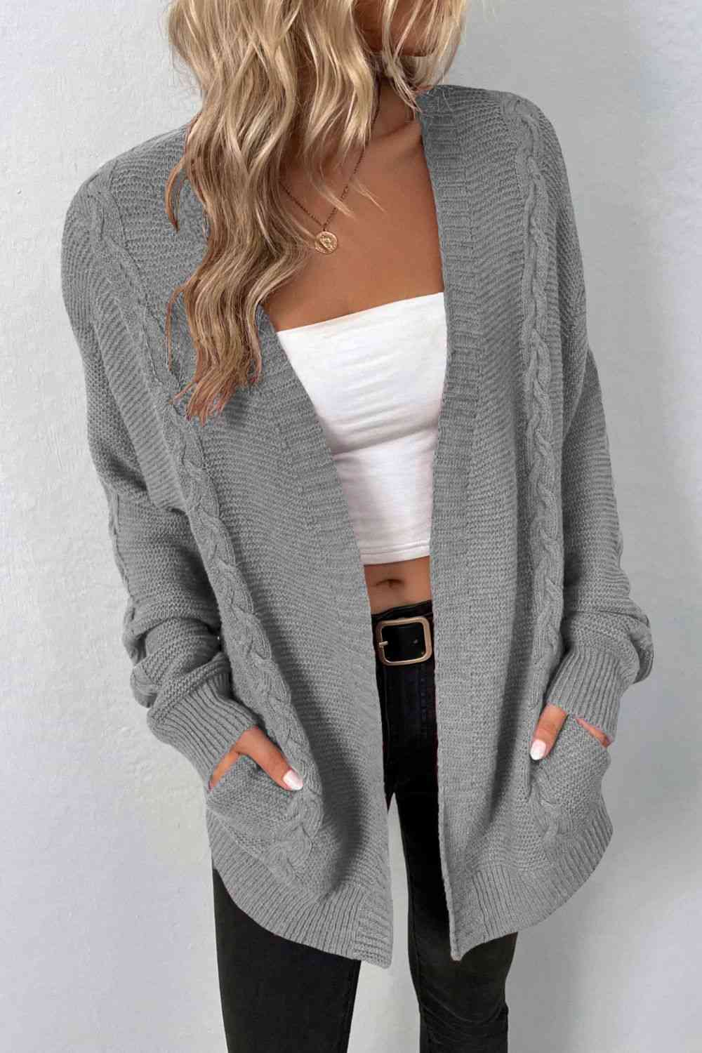 Creamy Basic Cable-Knit Open Front Cardigan with Pockets