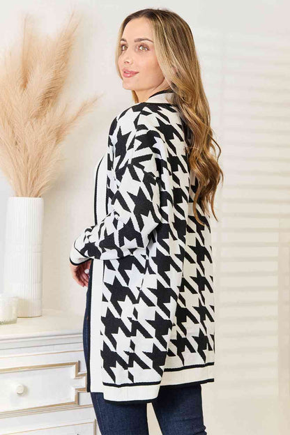 Black and White Woven Right Houndstooth Open Front Longline Cardigan