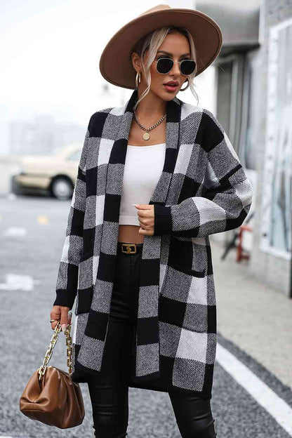 Big Plaid Dropped Shoulder Cardigan with Pocket