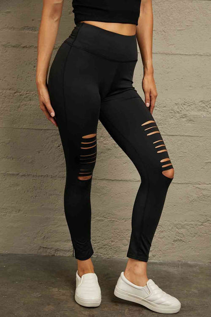 Cutting edge trim Double Take Wide Waistband Distressed Slim Fit Leggings