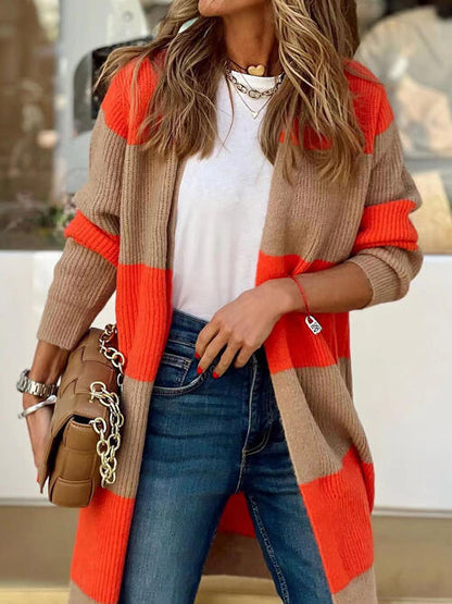 Red Orange/Black Big Stripe Contrast Open Front Long Sleeve Cardigan