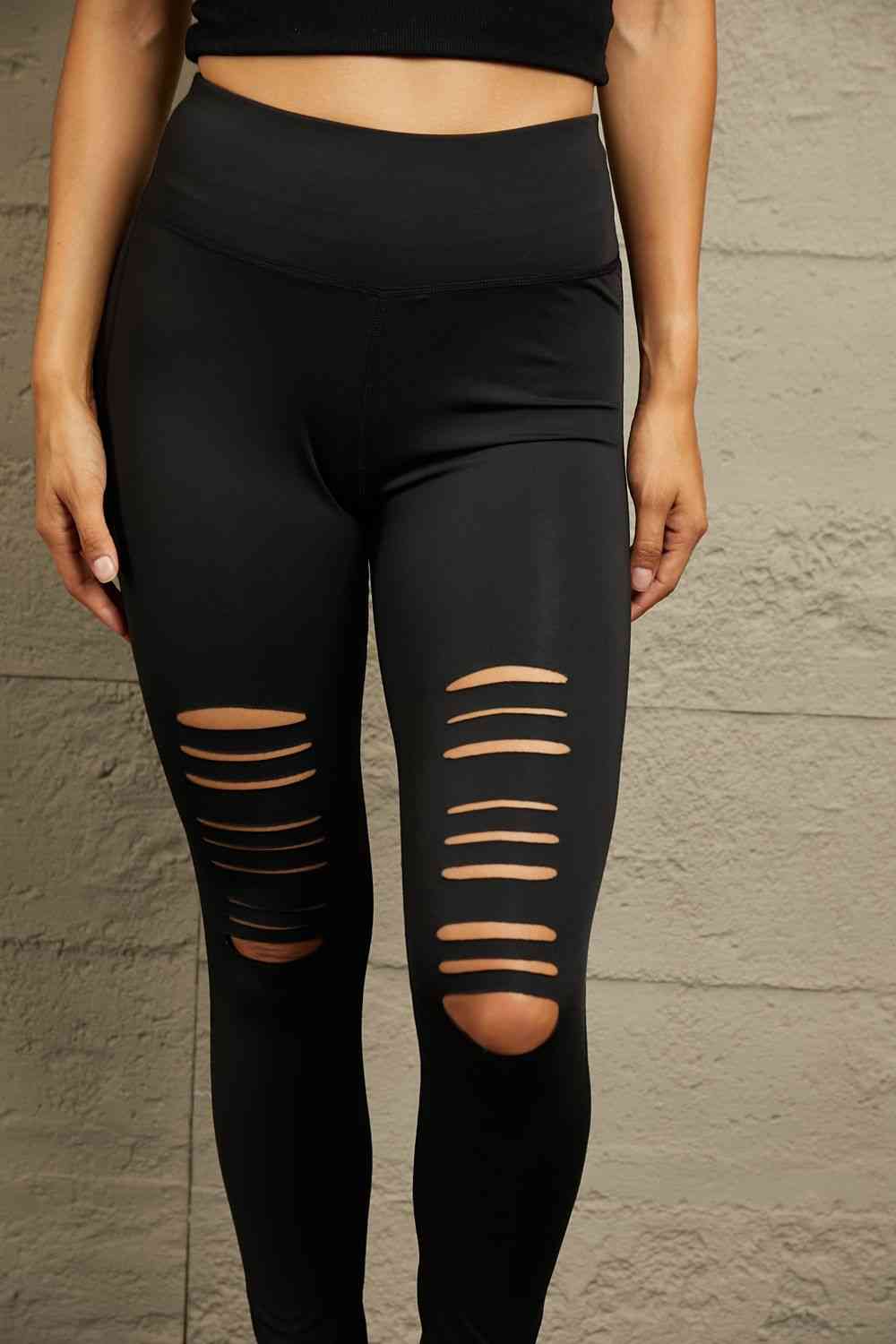 Cutting edge trim Double Take Wide Waistband Distressed Slim Fit Leggings