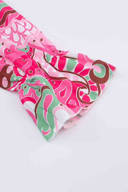 Pink Sweet Green Paisley pattern retro Printed Surplice Neck Flounce Sleeve Dress