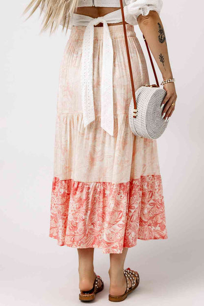Floral Apricot Color Ruffle Block Tiered Skirt