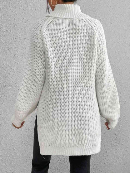 Full Size Turtleneck Rib-Knit Old Classic Forever Slit Sweater