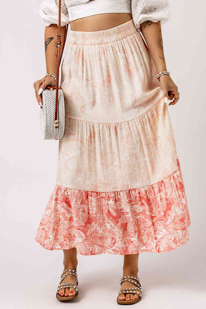 Floral Apricot Color Ruffle Block Tiered Skirt