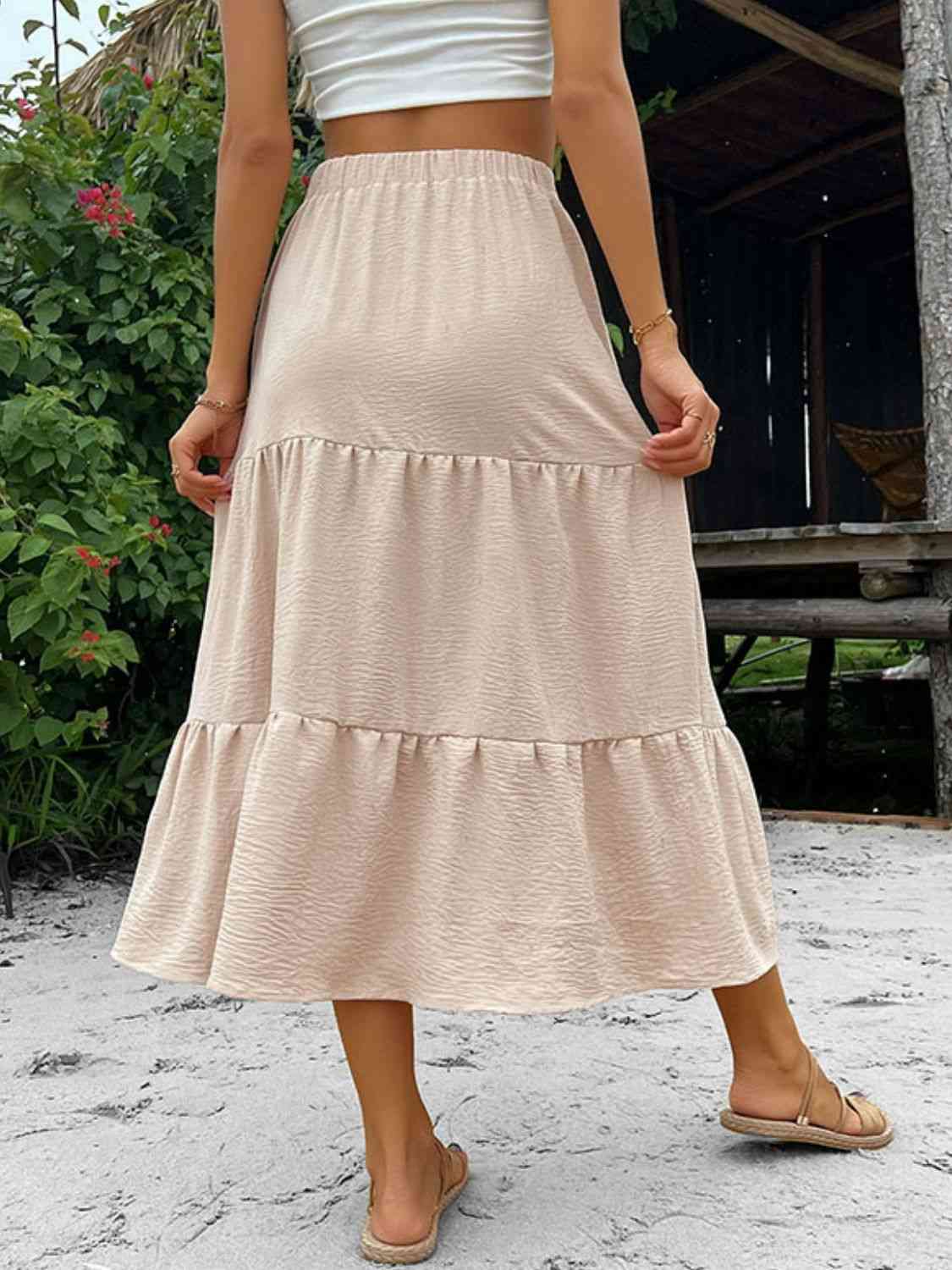 Beige Long Button Down Tiered Midi Skirt
