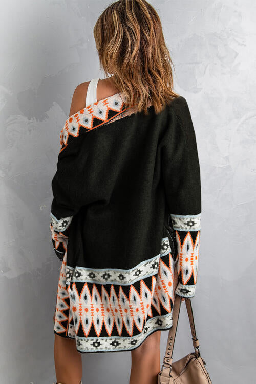 Geometric Indian Pattern Open Front Long Sleeve Cardigan