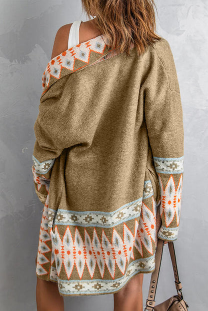 Geometric Indian Pattern Open Front Long Sleeve Cardigan