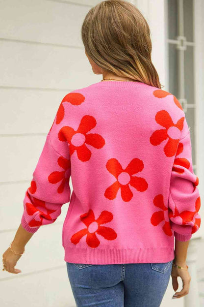 Daisy Miso Floral Print Round Neck Dropped Shoulder Pullover Sweater