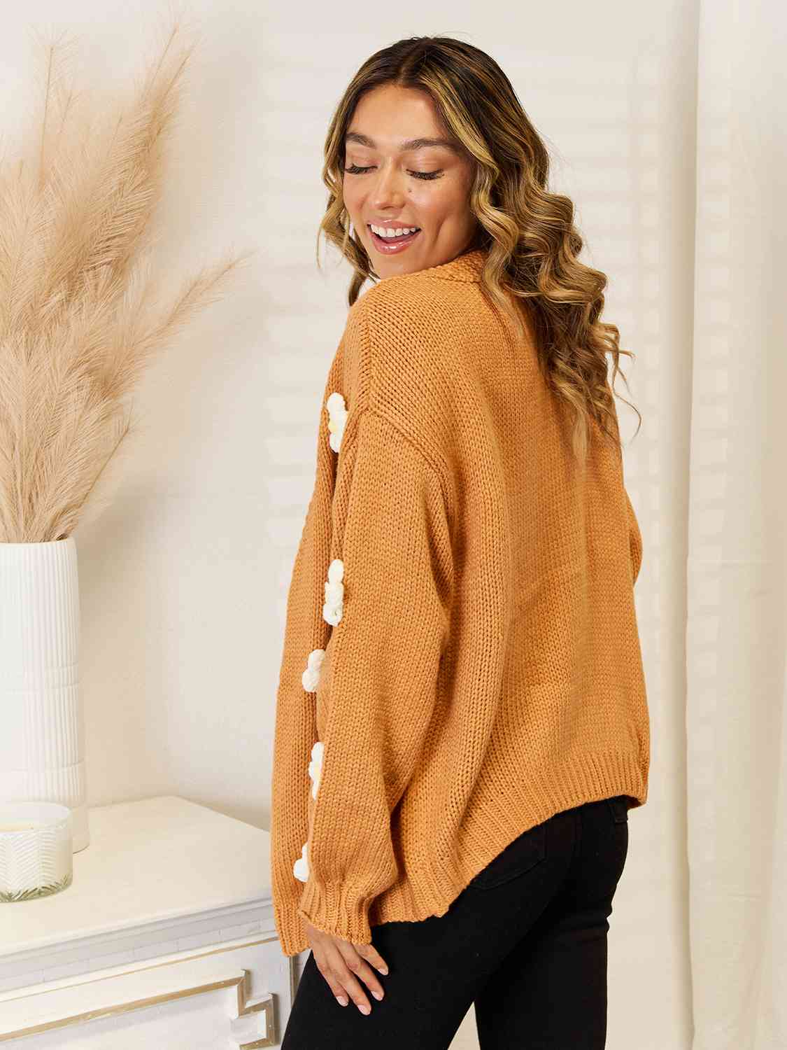 Daisy Flower Dropped on Shoulder Open Front Cardigan