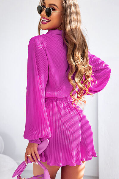 Hot Pink Pleated Half Button Drawstring Romper