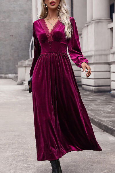 Tempting Cerise Color Velvet Lace Detail V-Neck Balloon Sleeve Midi Dress